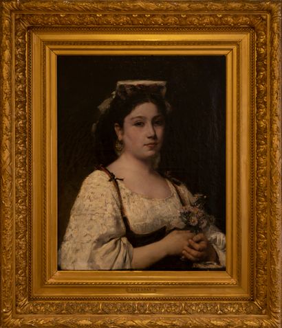 null Louis COURTAT (Paris 1847 - 1909)
Portrait de femme au bouquet de fleurs, 1874
Huile...