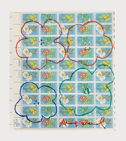 null Andy WARHOL (1928-1987),d'après
Fleurs sur des timbres postes
Dessin au marqueur...