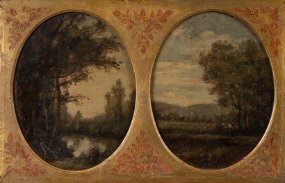 null École de BARBIZON, vers 1850
Paysages arborés
Paire de toiles marouflées ovales,...