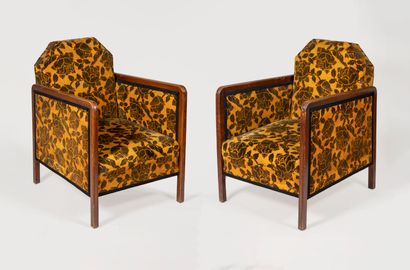 null Paire de fauteuils ART DECO en bois teinté et garnis de velours orange et marron...