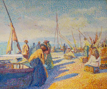 null P.GIRARD (XXè siècle)
Pêcheurs au port en Italie 
Huile sur toile, signée en...