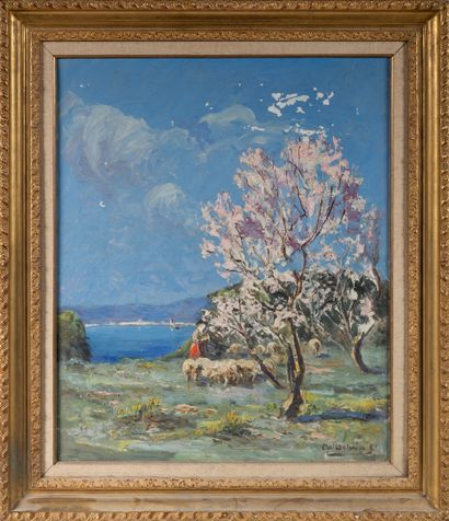 null Jean-Charles MEISSONIER (1848-1917)
Cerisier en fleur, bergère et moutons en...