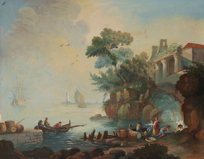 null École ITALIENNE, XIXè siècle 
Vue de la baie de Venise 
Gouache sur carton
29,5...