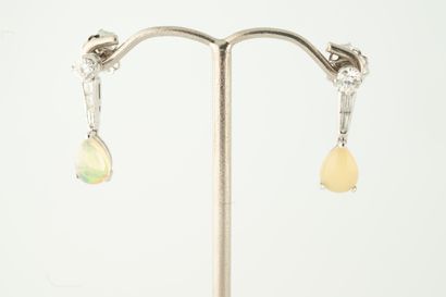 null Paire de pendants d'oreilles en or blanc 18k ornés d'opales en poire retenues...