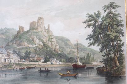 null Paire de gravures en couleurs :
"Château Gaillard au Petit Andely"
"Rouen Vue...