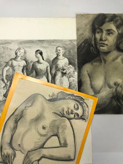 null Suzanne TOURTE (Cormontreuil, Marne, 1904-1979) 
Lot de 4 dessins et une gravure...
