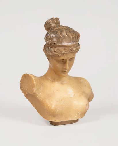 null Buste de femme au bandeau en marbre patiné. 
D'après l'Antique, XIXè siècle
Haut.:...