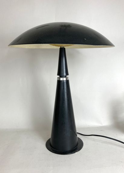 null Lampe champignon design laquée noire avec bague-interrupteur en métal chromé....