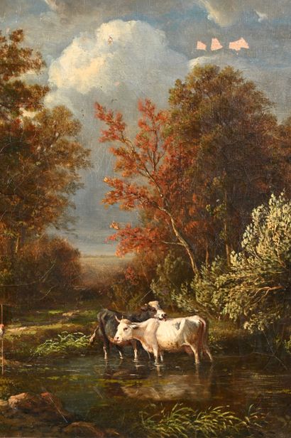 null École FRANÇAISE, XIXè siècle
Pâtre et ses vaches à l'étang, 1857
Huile sur toile.
Signée...