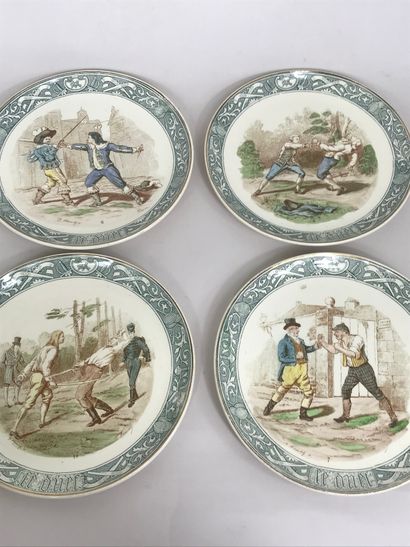 null Set of 12 plates decorated with historical characters fighting in "Duels" fine...