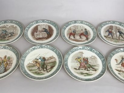 null Set of 12 plates decorated with historical characters fighting in "Duels" fine...