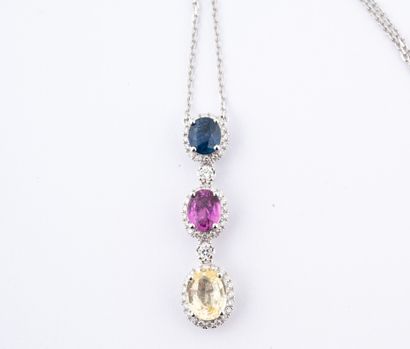 null Trilogy necklace in 18k white gold holding a pendant set with three blue, pink...