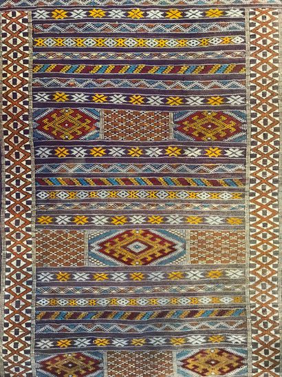 null Small woven cotton carpet with wide bands of geometric friezes and central diamond...