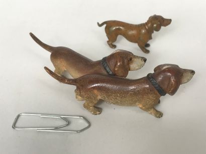 null Three small dachshunds in bronze from Vienna.
Dimensions: 1,8 x 4cm and 2,2...