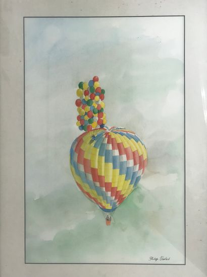 null Philippe CONRAD (1945)
Montgolfière et ballons 
Aquarelle gouachée, signée en...