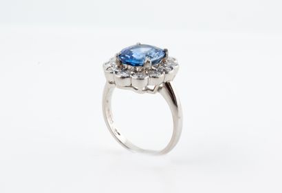 null Daisy ring in platinum centered on an oval sapphire of approximately 4cts in...