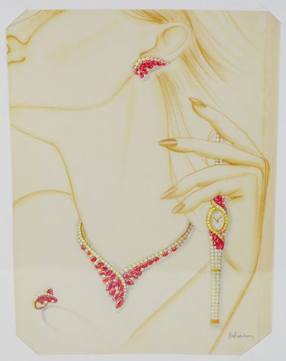 null Philippe DELOISON (XXè) Preparatory drawing for a gold, diamonds and rubies...