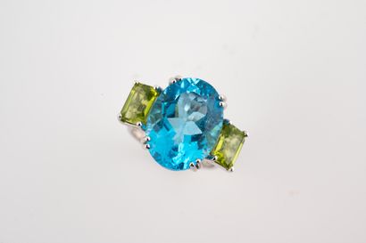 null Bague or blanc 18k surmontée d'une topaze bleue ovale de 12 cts environ épaulée...