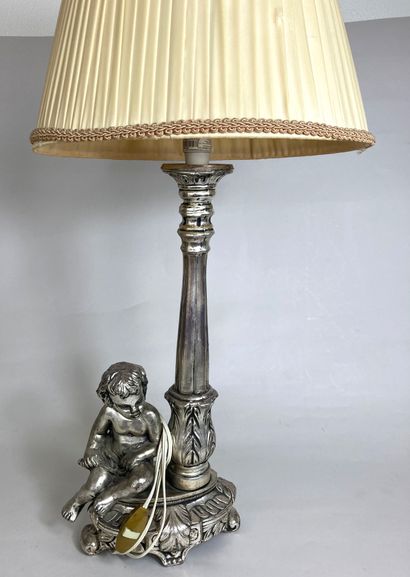 null Lamp in silver plated patinated metal, the shaft decorated with palmettes and...