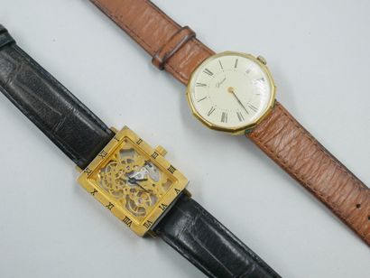 null Watch with rectangular case in gold plated, the transparent back. 
A metal DIAM...