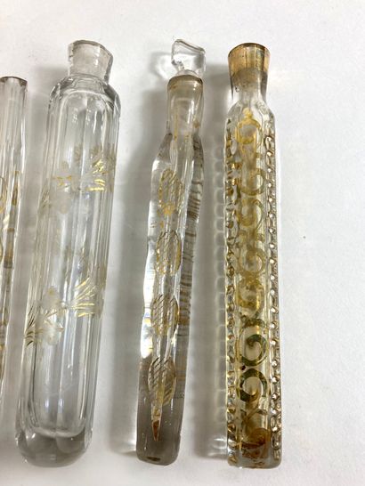 null Set of 9 large engraved glass salt bottles, tubular shape, some in enamelled...