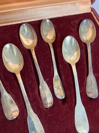 null Set of 6 silver mocha spoons. Minerve mark and goldsmith's mark M.R.
Weight...
