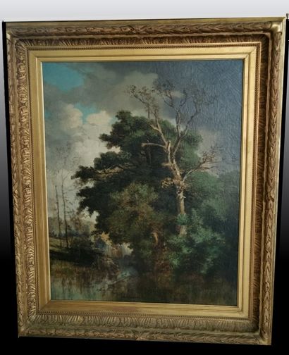 null School of BARBIZON, 19th century
Forest landscape
Oil on canvas, in its gilded...