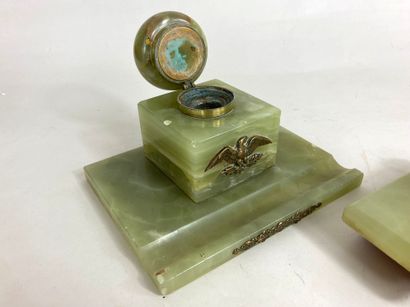 null Part of a green onyx writing set composed of an inkwell with its glass cup and...