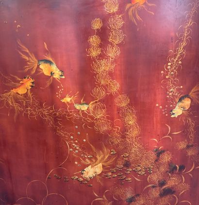 null THAN LEY, VIETNAM (HANOI SCHOOL). 
Buffet forming a red and gold lacquered bar,...