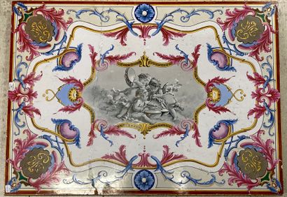 null Earthenware tray decorated with arabesques framing a grisaille reserve painted...