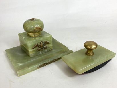 null Part of a green onyx writing set composed of an inkwell with its glass cup and...