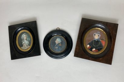 null Set of three framed miniatures: two female portraits and a portrait of an officer...