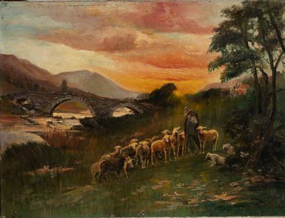 null French school of the end of the 19th century
The shepherd and his flock
Oil...