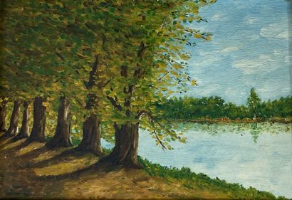 null French school of the 20th century
Alley of Trees by the River, 1957
Oil on cardboard.
19...