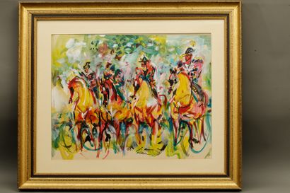 null Jean Marius CARCEL (died in 1996) 
Riders in the forest 
Acrylic on paper, signed...