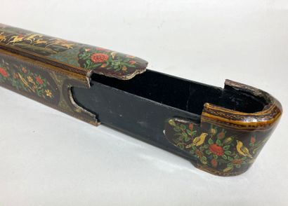null Painted cardboard penholder decorated with hunting scenes on horseback and floral...