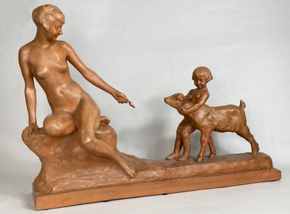 null Léon RICHÉ (1877-1949)
Naked woman and child on a rock playing with a goat
Terra...