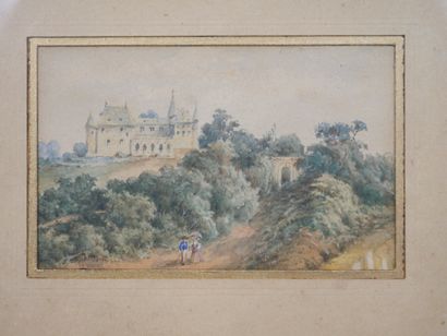 null Ecole Française XIXè siècle. Paysage au Château. Aquarelle sur papier, encadrée....
