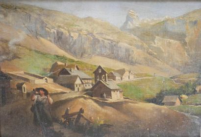null French school XXth century. 
Peasant blowing a horn on a mountainous landscape.
...