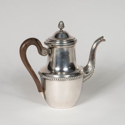 Flat-bottomed silver coffee pot, pearl decoration,...