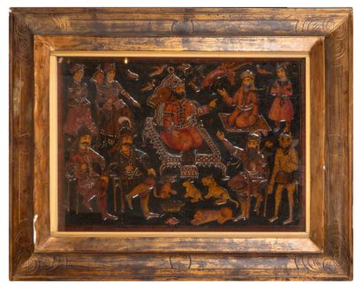 Indian scene with characters and animals.
Framed...
