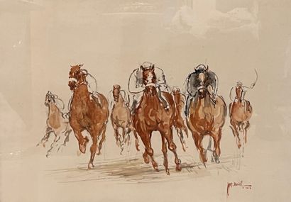 null J. DANIEL (XXè)
La course de chevaux 
Aquarelle sur papier (encadrée sous verre),...