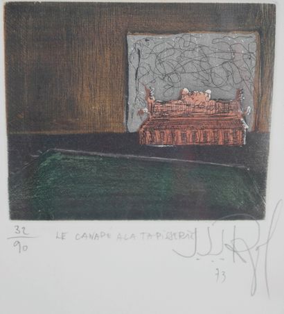 null Ecole Française du XXè siècle. Le canapé à la tapisserie, 1973. Estampe en couleur....