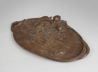Bronze tray with brown and gold patina stylizing...