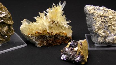 null Isère mineral set: 1 hedgehog quartz from Rivoirands, 2 well-crystallized siderites...