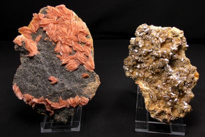 null Moroccan duo with a plate of cerussite and pink baryte from Midelt and a very...