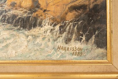 null HARRISSON.
Bord de mer agité, 1889.
Huile sur toile.
34,1 x 61,4cm