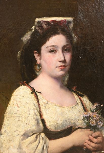 null Louis COURTAT (Paris 1847 - 1909)
Portrait de femme au bouquet de fleurs, 1874
Huile...