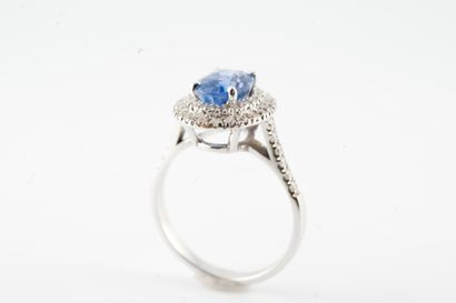 null 18k white gold ring centered with a 2.16ct natural sapphire in a double diamond...