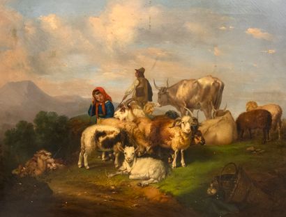 null Antonio PACINI (1778-1866)
Shepherd and shepherdess at rest with cows, sheep,...